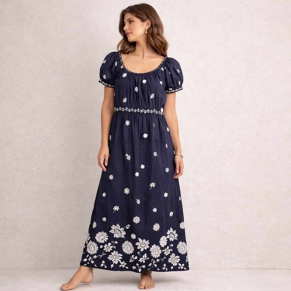 GRETCHEN SCOTT Big Love Dress Blue Embroider Midi Maxi Off The Shoulder Cotton M
